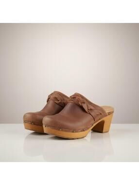 Clarks Brown Leather Clogs 7.5 Platform Mule Wood Heel Boho Cottage